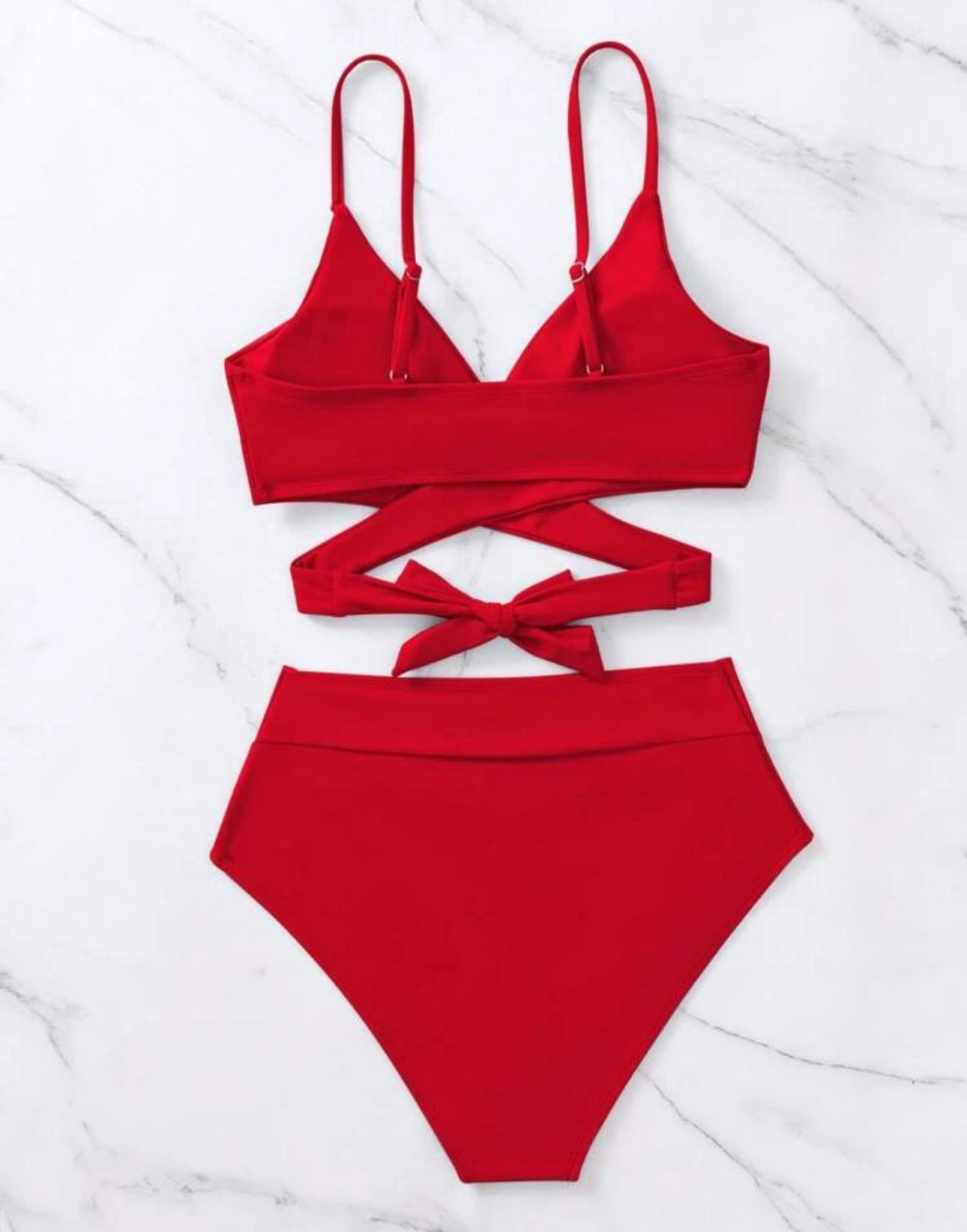 Swim Conjunto de bikini unicolor Sujetador con lazo en la espalda entrecruzado y traje de baño de 2 piezas con parte inferior de cintura alta superpuesta