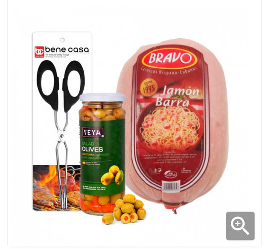 Jamón barra + Aceitunas cortadas para ensaladas + Pinza para alimentos