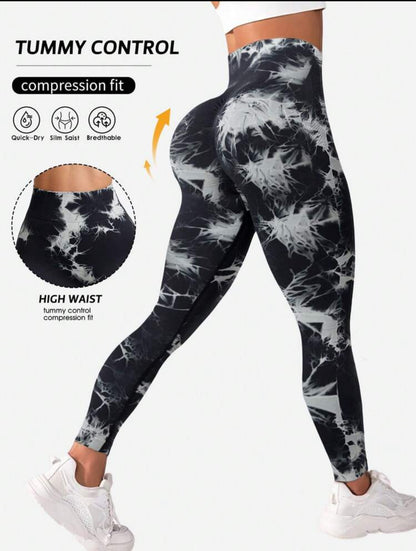 Leggings deportivos de cintura alta con estampado de teñido anudado para uso diario y fitness para mujeres