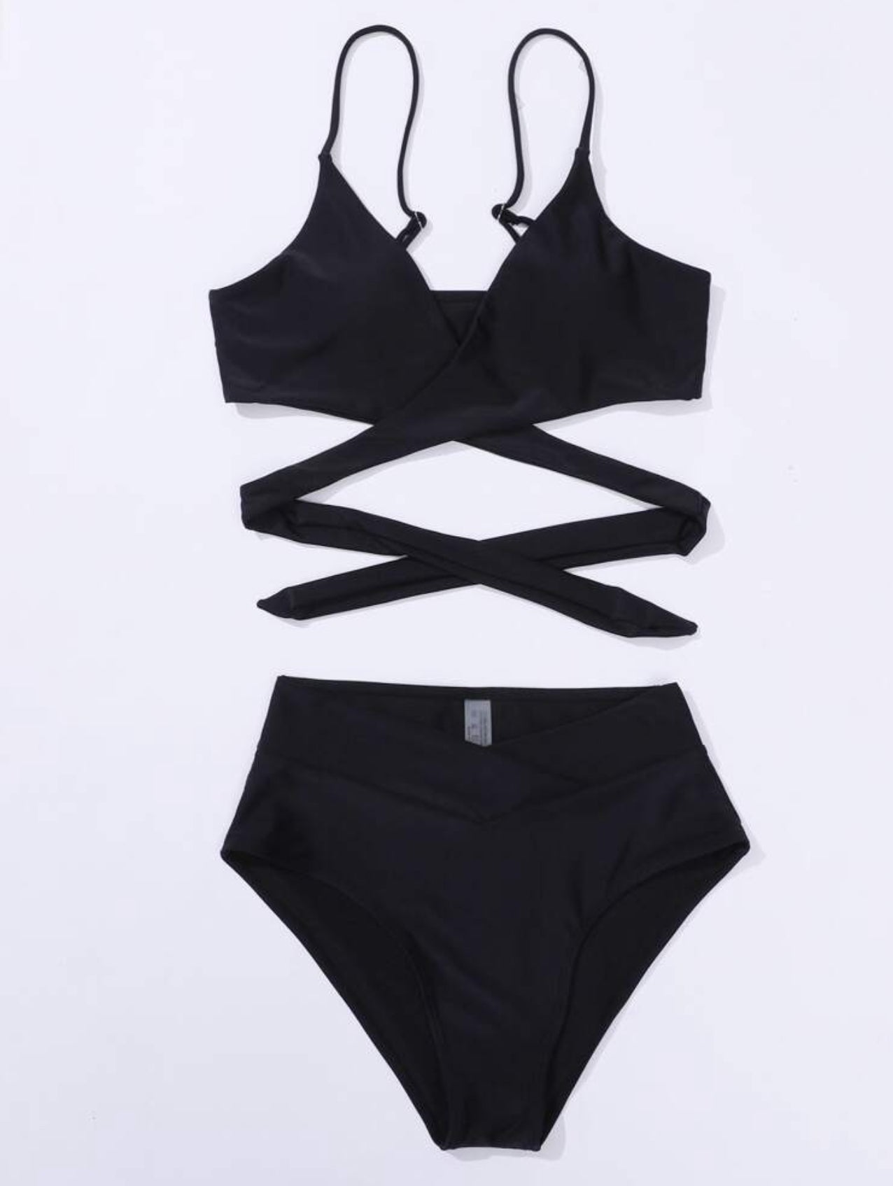 Swim Conjunto de bikini unicolor Sujetador con lazo en la espalda entrecruzado y traje de baño de 2 piezas con parte inferior de cintura alta superpuesta